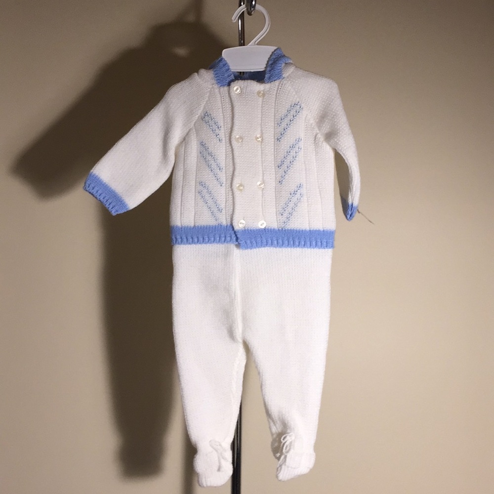 Vintage 1980's Infant Baby Boys Knit Cardigan Sweater Pram Set Size 0-6 Months
